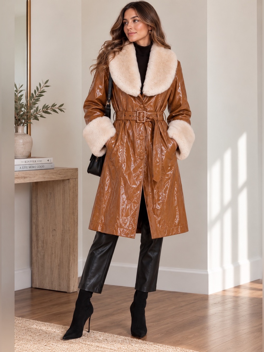 Elie Tahari Rosewood Vegan Leather Faux Fur Trench Coat XL NWOT